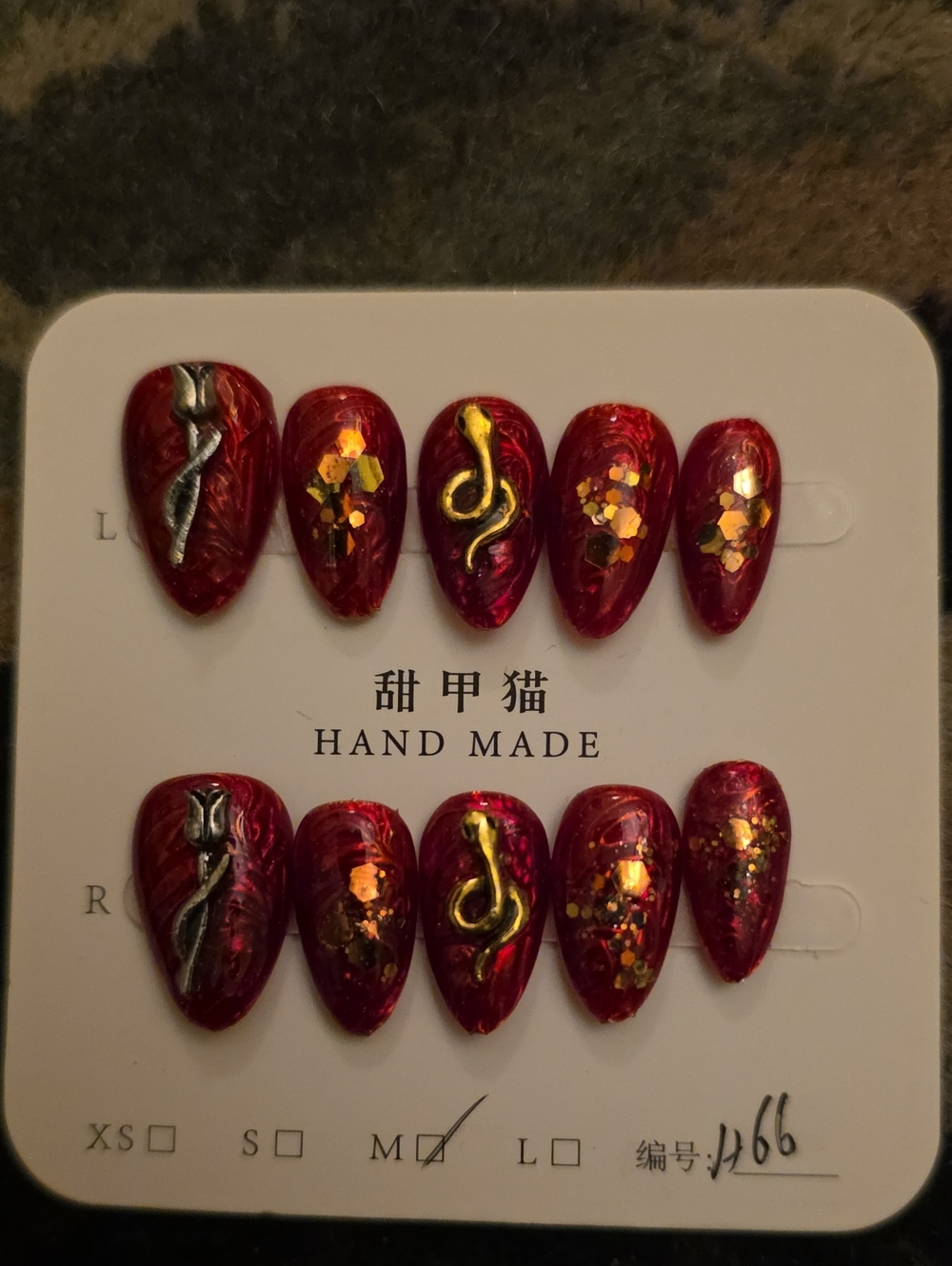 Hand Made Red Glitter Accent Nail Set Size Med